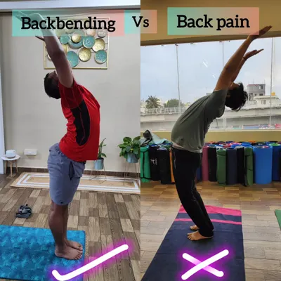 This image clearly shows the difference between a correct backbend and an incorrect one that causes back pain. The correct form involves bending from the mid-back, not the lower back, which protects the spine.