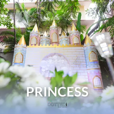 A glimpse of a princess castle backdrop, perfect for making any birthday girl feel like royalty. The pastel colors and gold-tipped turrets create a dreamy setting for photos and celebration.