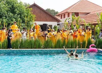 This was not your average Haldi. For this couple, we ended the ceremony with a splash as they jumped into the pool, cheered on by their 45 guests. It was a perfect moment of spontaneous joy.