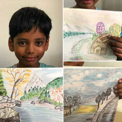 It is pure joy to see my students proud of their work. This is Aarush, age 7, with his beautiful colored pencil drawings. Seeing his confidence grow with each piece is the greatest reward for me as a teacher.