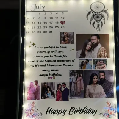 This custom LED frame is a perfect birthday gift, featuring a photo collage, a calendar with a highlighted date, and a personal message, all illuminated by soft fairy lights.