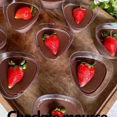 My rich and silky Chocolate Mousse, topped with a fresh strawberry. This is a classic dessert that I make with high-quality chocolate for a truly indulgent experience.