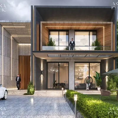 This luxury farmhouse design is planned with the amenities of a high-end hotel, including full home automation and high-tech services. The architecture uses clean lines, large glass openings, and a mix of stone and wood for a modern yet warm aesthetic.