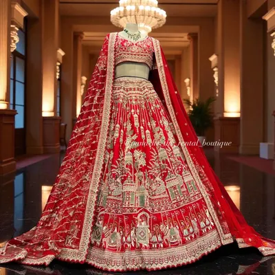 This is a quintessential bridal masterpiece. A stunning red lehenga featuring intricate embroidery of royal processions and architectural motifs, designed to make you feel like royalty on your wedding day.