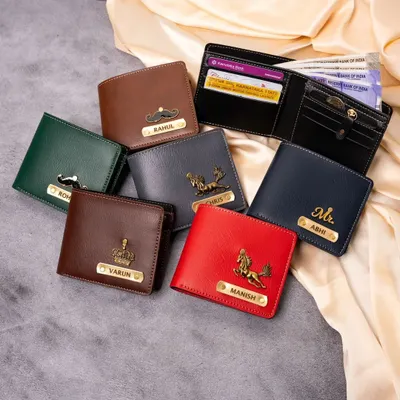 This collage showcases the variety of personalized men's wallets I can create. You can see multiple colors of faux leather and a selection of charms, including crowns, mustaches, and initials, to make each wallet unique.