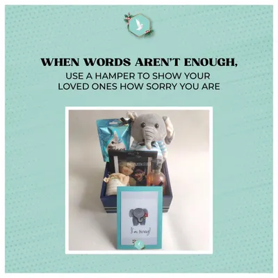 When words are not enough, a hamper can show how sorry you are. This apology gift includes a cute elephant soft toy, a handmade card, and some comfort treats.