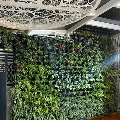 A full view of a large vertical garden we installed. This living wall features a mix of tropical plants and colorful flowers, creating a breathtaking feature that is both art and nature. The intricate ceiling detail adds to the grandeur.