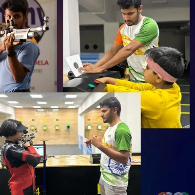 A collage showcasing our head coach, Rakesh Manpat, in his element: competing, analyzing results, and personally mentoring shooters of all ages, including our youngest members.