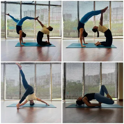 A snapshot of our partner and individual practice. You can see the progression from foundational poses like Ustrasana (Camel Pose) to dynamic Acro Yoga shapes that require teamwork.