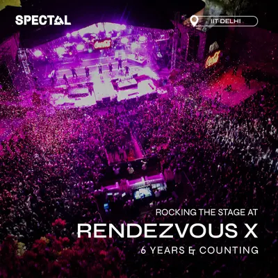 For 6 years, we've been rocking the stage at Rendezvous, IIT Delhi. This aerial shot captures the massive scale of the main stage, where we handled technical production for headliners like Farhan Akhtar and Amit Trivedi.