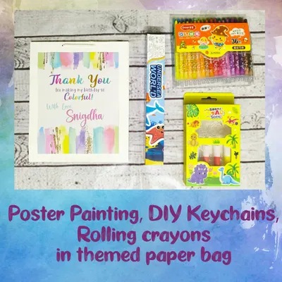 This art party hamper is full of creative fun. It includes a poster painting set, a DIY keychain kit, a pack of rolling crayons, and a personalized "colorful" paper bag.