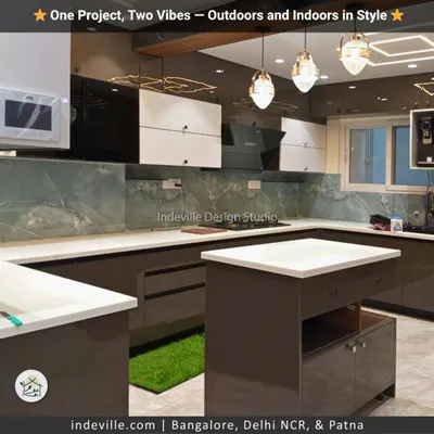 This modern, U-shaped kitchen is part of a full home interior project. I used high-gloss laminates, a marble-patterned backsplash, and an island counter to create a space that is both stylish and highly functional.