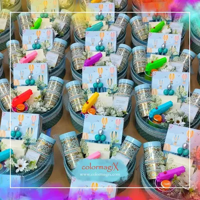 A large order of our 'Baby's First Holi' gift hampers. Each basket is filled with festive, colorful, and baby-safe items, making them the perfect giveaway to celebrate this special milestone with friends and family.