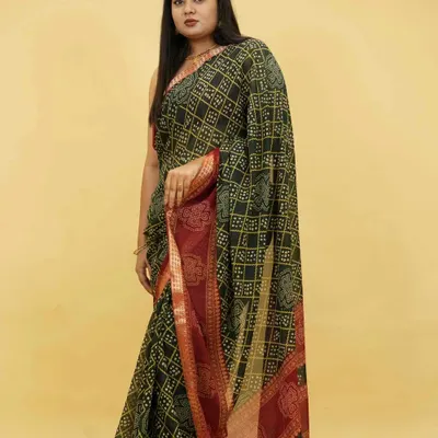 This shows how beautifully my 1-minute saree drapes on a plus-size figure. The traditional Bandhani print and rich border offer a classic look, made accessible and easy to wear for any occasion.
