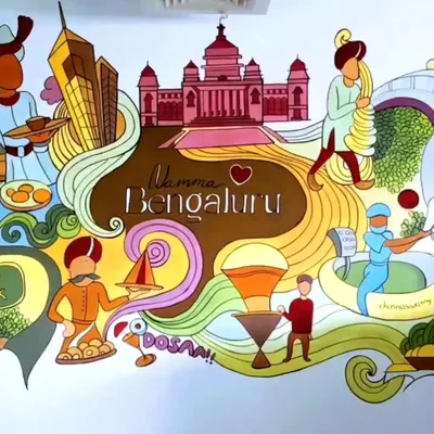 This mural is a celebration of Namma Bengaluru, painted for a local cafe. It features iconic landmarks and cultural symbols, creating a fun, quirky, and instantly recognizable theme.
