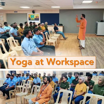 Leading a "Yoga at Workspace" session for the physically demanding roles at Volvo. The program was customized to address their specific needs for pain relief and building resilience.