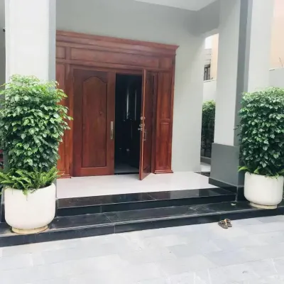 Two large, lush Ficus plants in elegant white planters flanking a grand wooden doorway. This creates a formal, symmetrical, and impressive entrance.