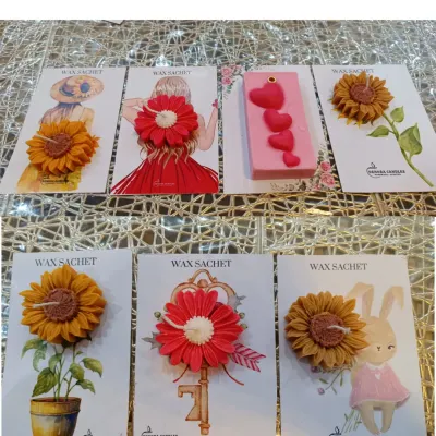 I also create these beautiful and fragrant wax sachets. They come with artistic backing cards and are perfect as small gifts, wedding favors, or for scenting wardrobes and drawers.