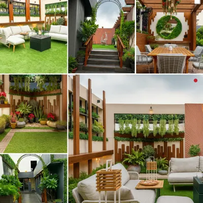 A glimpse into the rooftop oases we create. This collage showcases the variety in our terrace designs, from green lawns with modern furniture and archways to dining areas under pergolas and intricate plant arrangements.