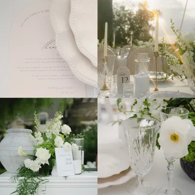 A beautiful collage of reception details from a California wedding, including the elegant table settings, floral arrangements, and custom menus.