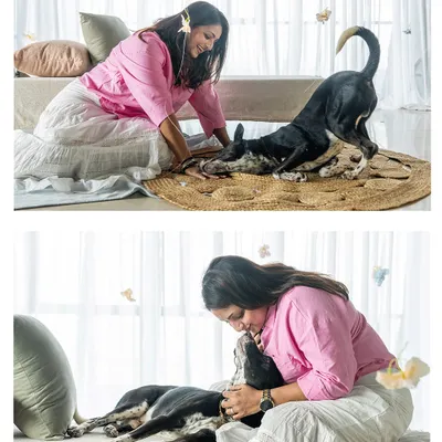 A collage celebrating the bond between a dog mom and her Indie dog during a Mother's Day shoot. The images capture playful and tender moments in a beautiful, light-filled studio.