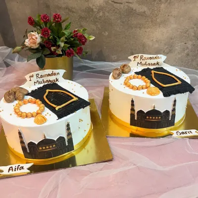 I love making these cakes to celebrate a child's first Ramadan fast. They are personalized with names and decorated with edible prayer mats and tasbeeh.