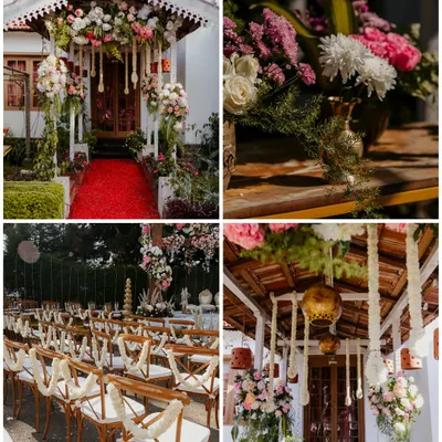 A collage showcasing the decor for an intimate home wedding in Ooty. We transformed the house with floral arrangements, a red carpet entrance, and beautiful seating.