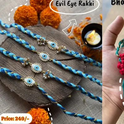 Our Evil Eye Rakhi is designed to protect your brother from harm. It's a modern, stylish take on the traditional Rakhi, made with braided cotton cords.