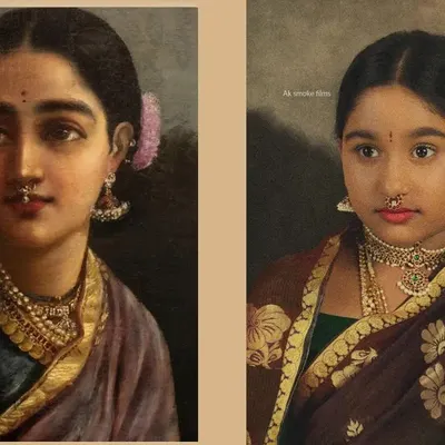 A side by side comparison of my recreation of a classic Raja Ravi Varma painting. We meticulously planned the costume, jewelry, and pose to create this fine art portrait.