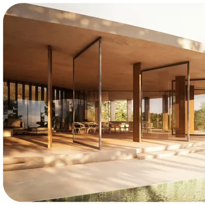The interior of Amar Villa features full-height pivoting glass doors that open up completely, merging the dining and lounge areas with the pool deck and the stunning Udaipur landscape beyond.