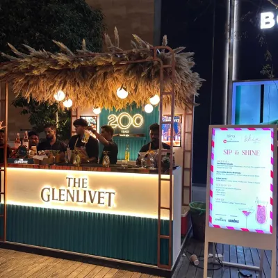 Our fully branded bar for The Glenlivet at the 'The Skin Affair' event by Tira Beauty. This shows our capability to deliver high-end, customized setups for luxury brand partners.