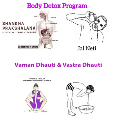An overview of the body detox programs we teach. This graphic illustrates several Shatkarma techniques, including Shankha Prakshalana for intestinal cleansing and Jal Neti for clearing the nasal passages.