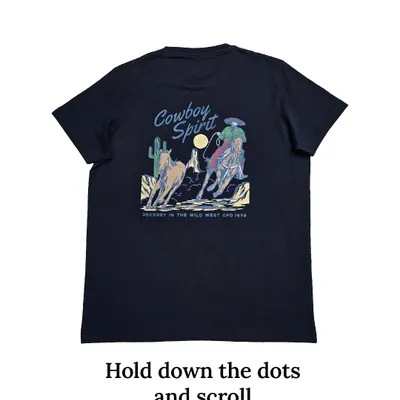 This is the signature graphic on our 'Cowboy Spirit' t-shirt. The detailed illustration on the back captures a sense of adventure, making this navy blue crewneck tee a standout piece for your casual wardrobe.