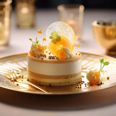 A stunning multi-layered dessert on a golden plate, adorned with delicate sugar work and fruit pearls. This creation from our dessert brand, Shakkr, exemplifies our commitment to global dessert artistry.
