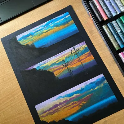 The finished triptych of mini-landscapes created with oil pastels on black paper. I love how this medium allows for such rich color blending to capture different times of day.