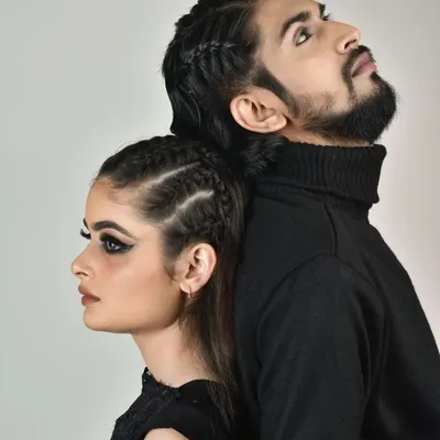 A creative close-up from a couple's shoot, focusing on the models' profiles. I created a dramatic winged eyeliner for her and ensured his look was clean and sharp, highlighting my work on both male and female clients.