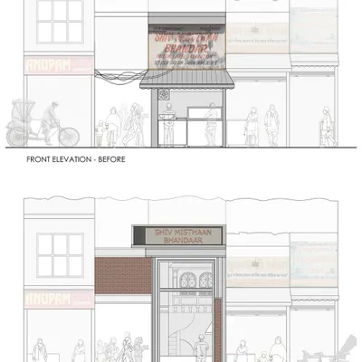 A before-and-after front elevation drawing for Shiv Mishthan Bhandar. This illustrates the planned transformation, showing how the new facade design provides a modern, clean, and more inviting storefront.
