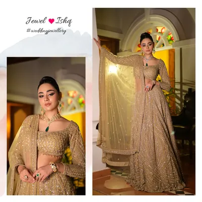 A full view of our Moissanite Polki set, paired with a stunning golden lehenga. This look is perfect for a bride who wants traditional elegance for her wedding ceremony or reception. The set includes a necklace, earrings, bangles, and a statement ring.