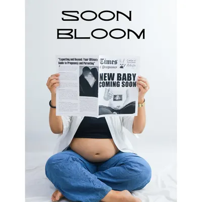 Announce your news with a creative twist. This mom-to-be holds a custom-designed "Times of Pregnancy" newspaper announcing her "New Baby Coming Soon" in a relaxed, seated pose.