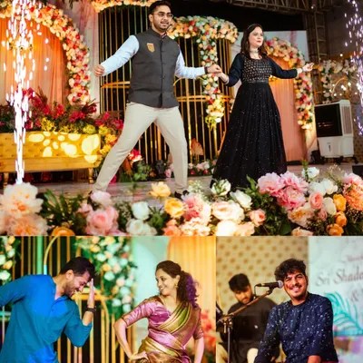 This collage captures the vibrant energy of a Sangeet night. It shows the couple's choreographed dance, candid moments of guests dancing, and the live musicians who set the mood for the celebration.
