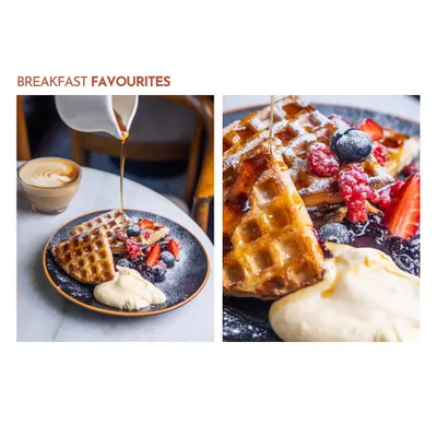 A collage showcasing my breakfast waffles, drizzled with syrup and topped with fresh berries and cream. It’s a sweet beginning to any day, best enjoyed with a warm cup of coffee.