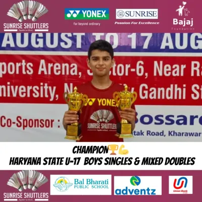 **Haryana State U-17 Champion.** Vedant Pahwa with his two trophies after winning both the Boys' Singles and Mixed Doubles titles at the Haryana State Championships.