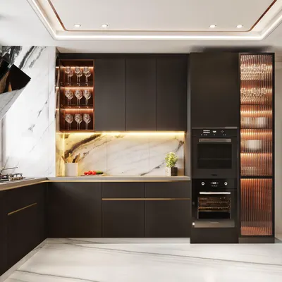 This modern charcoal grey kitchen features built-in ovens, a fluted glass display cabinet, and an illuminated wine glass rack, combining functionality with high-end design details.