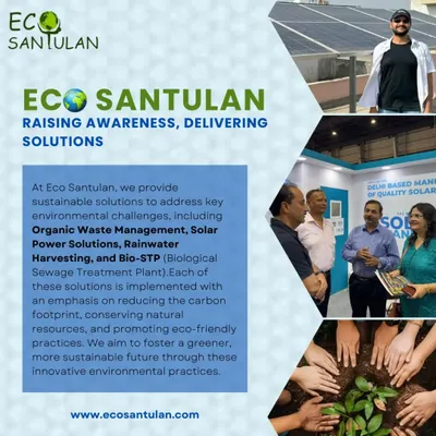 At Eco Santulan, we are focused on raising awareness and delivering solutions. This graphic provides an overview of our core services, including solar power, organic waste management, and rainwater harvesting.