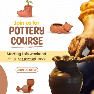 An announcement for my pottery course, showcasing a variety of charming, handmade clay items you can learn to create, from planters to goblets.