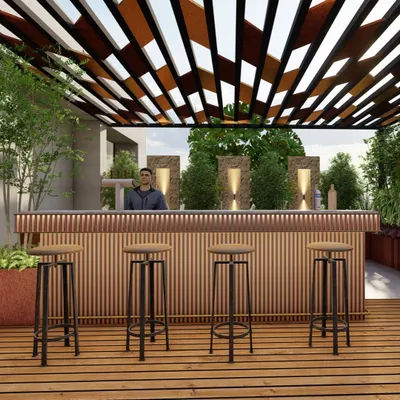 A sleek and modern rooftop bar we designed, featuring a slatted wood bar front and a striking geometric pergola. This space is perfect for entertaining, combining functionality with high-end design against a backdrop of lush greenery.