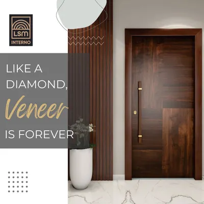 Like a diamond, the beauty of a natural wood veneer is forever. This image showcases a custom door finished with a rich, dark veneer, demonstrating how this material provides a timeless and elegant look for any entryway or interior space.
