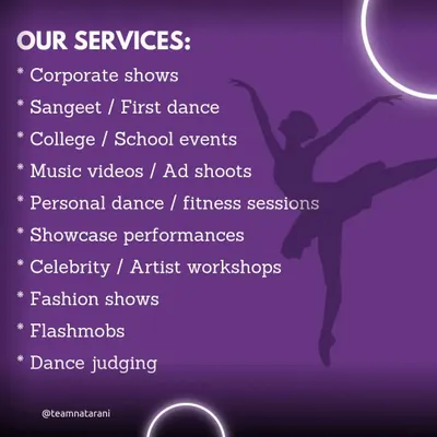 Here is a list of the services we provide. We offer choreography for Sangeet and first dances, corporate shows, school events, music videos, personal fitness sessions, and even dance judging.