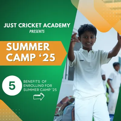 Announcing our Summer Camp '25! This graphic highlights the 5 key benefits of enrolling, including teamwork, match exposure, and expert training.