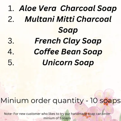 A simple list of the cold process soaps I currently offer, including Aloe Vera Charcoal and Unicorn soap. For new customers, you can order a minimum of 5 soaps to try them out.